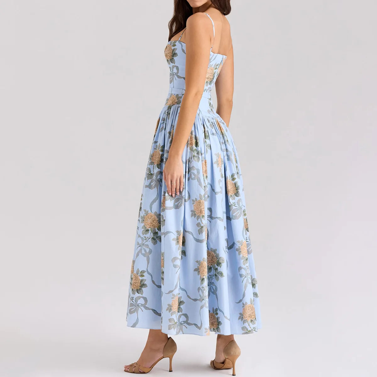 Women's Elegant Blue Floral Print Midi Dress