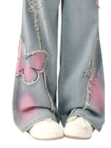 Damen Harajuku Y2K Baggy Jeans | Ästhetische Jeanshose mit Schmetterlings-Print
