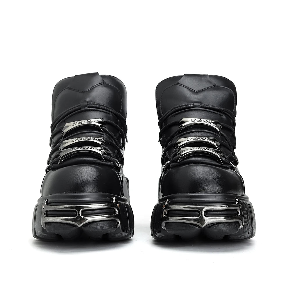 6cm Chunky Heel Punk Metal Strap Platform Ankle Boots