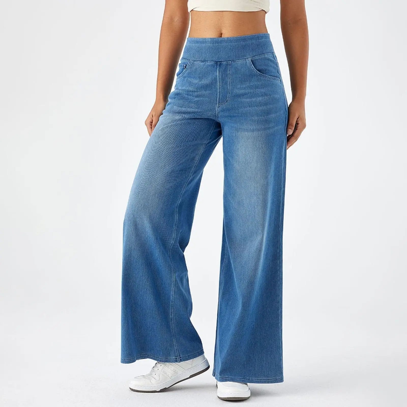 Women’s Wide-Leg Denim Jeans – Elastic Waist Long Straight Trousers