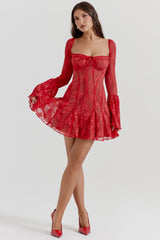 Ladies Elegant Square Neck Lace-Up Mini Dress – Sexy Backless Long Sleeve Patchwork Outfit