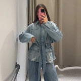 Blue Belted Denim Jacket for Women | Lace-Up Full Sleeve Lapel Coat