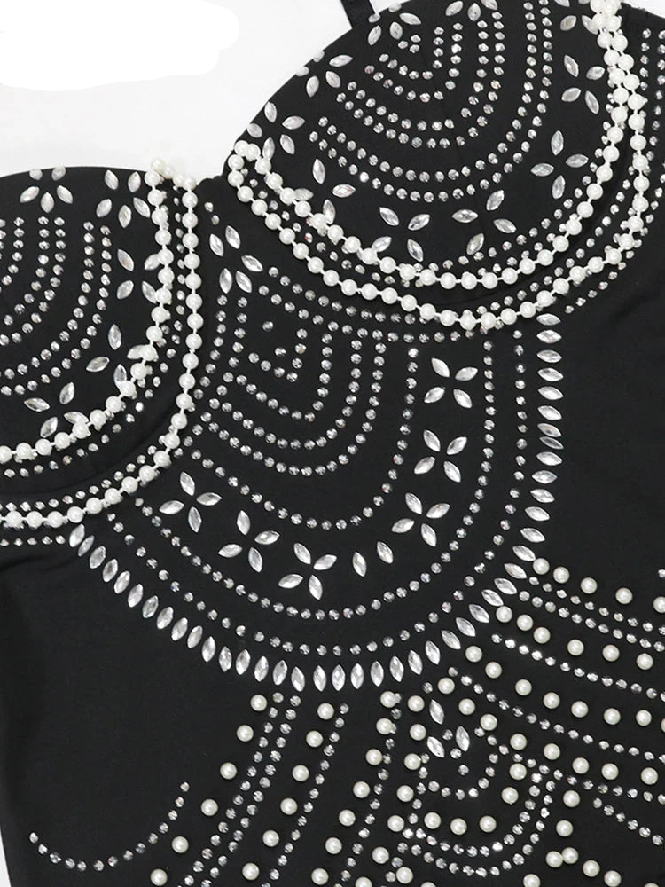 Luxury Brown Rhinestone & Pearl Evening Gown – Sparkly Crystal Celebrities Party Dress