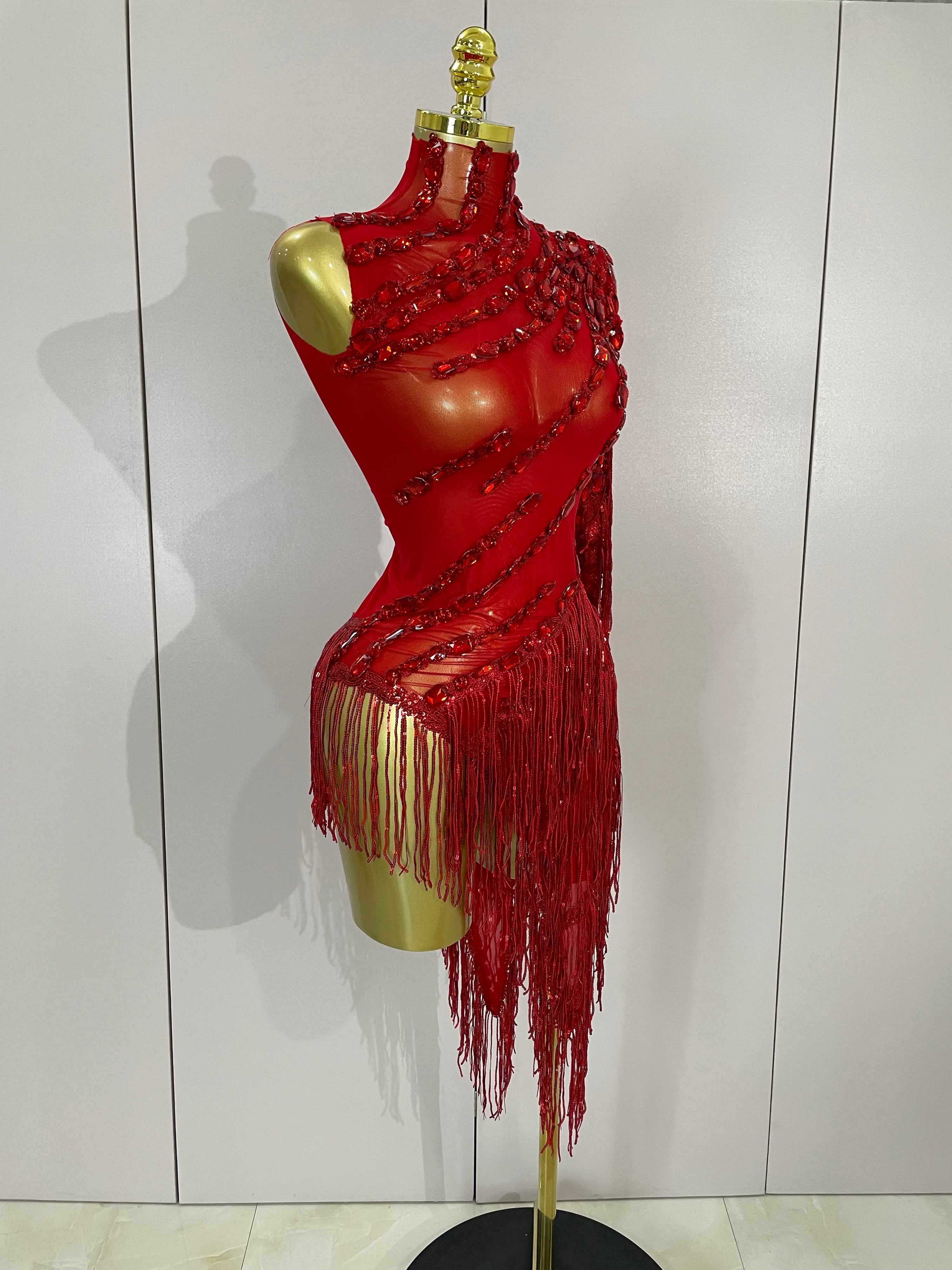 Glitzerndes Strass-Fransen-Minikleid – Sexy One-Shoulder-Durchsichtige Robe – Lateinamerikanischer Tanz-Performance-Outfit