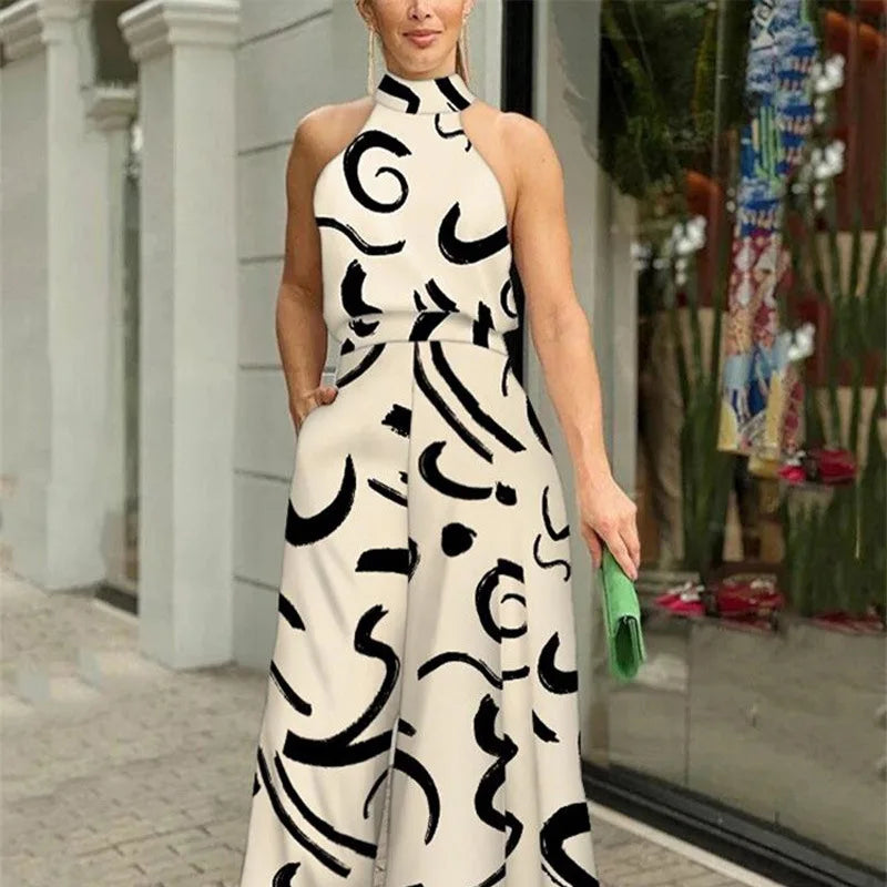 Women's Summer Elegant Abstract Print Halter Jumpsuit