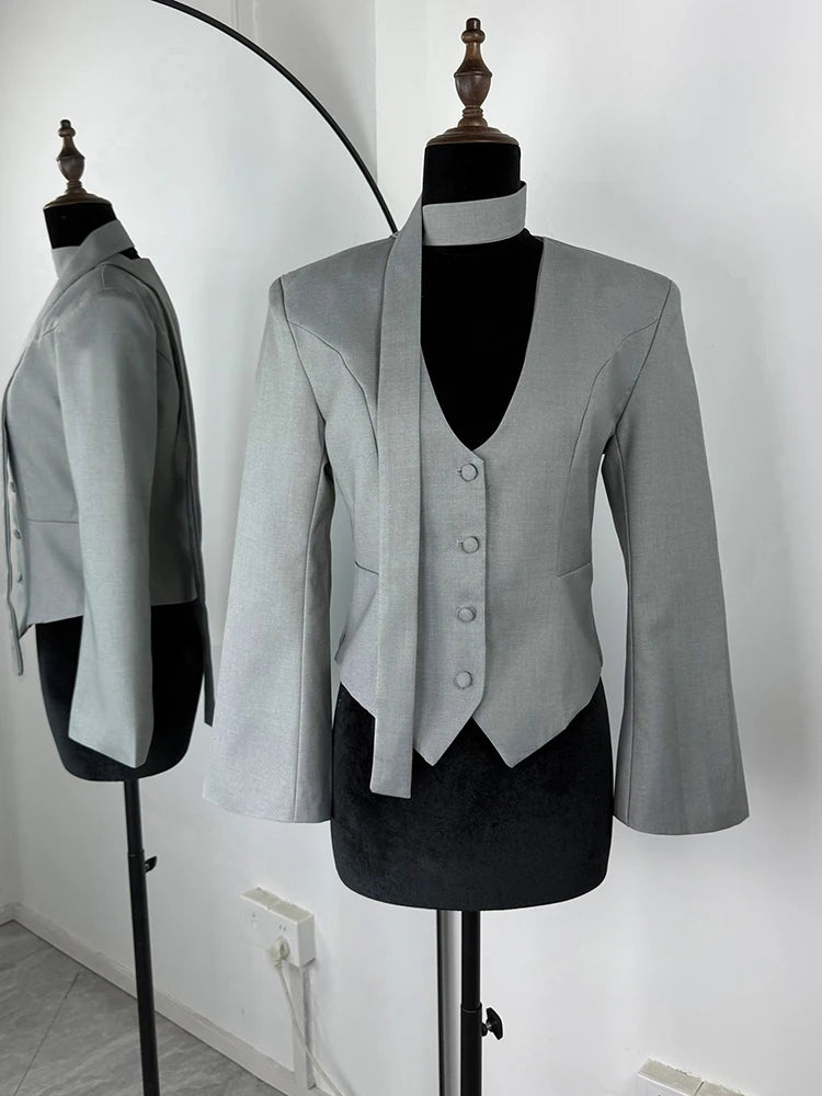 Women's Scarf-Neck Blazer Coat – Single-Breasted Waist-Cinching Jacket