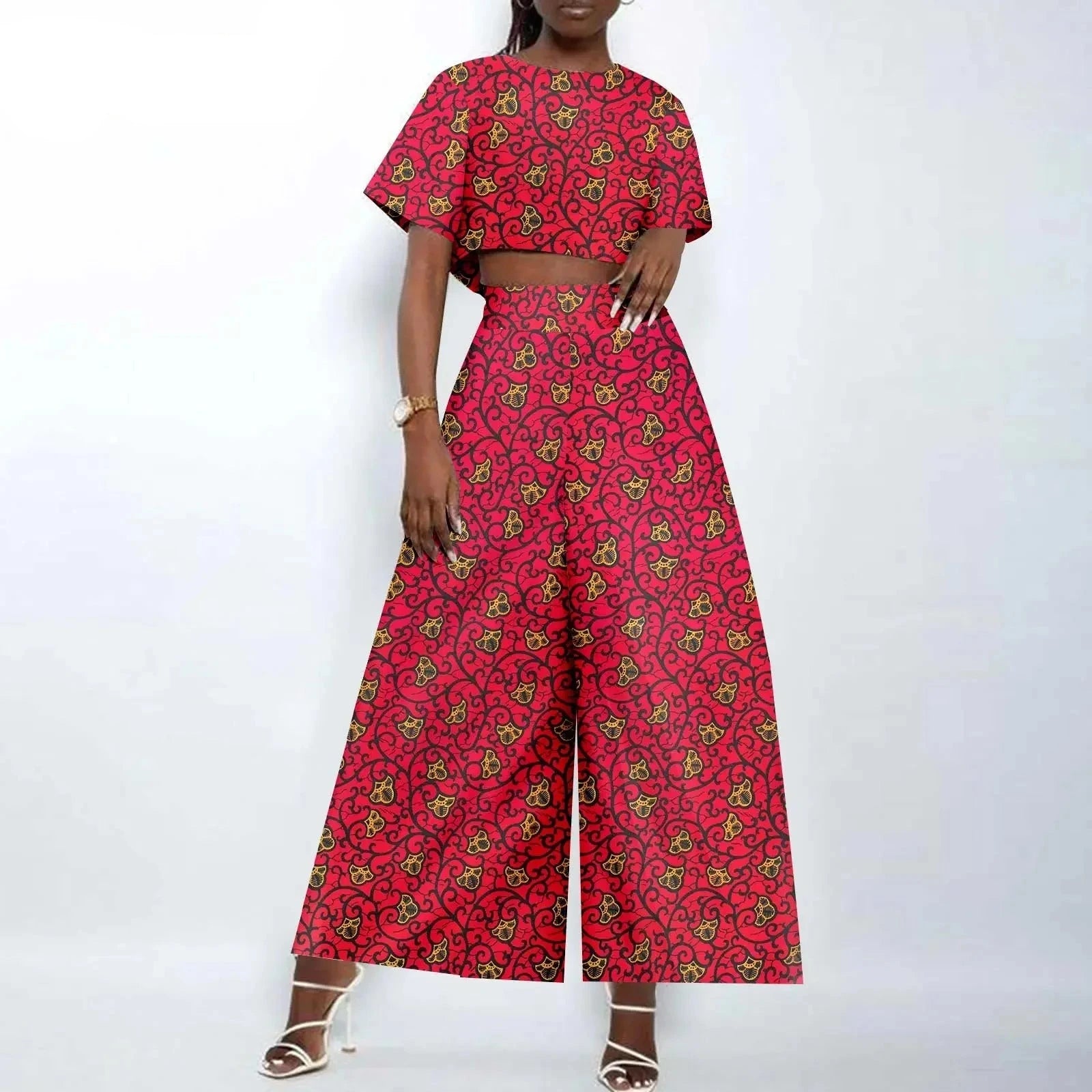 Afrikanisches zweiteiliges Ankara-Outfit für Damen | Crop Top und weite Hose