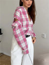 Women’s Elegant Patchwork Lapel Top, Loose Contrast Long Sleeve Pink Shirt