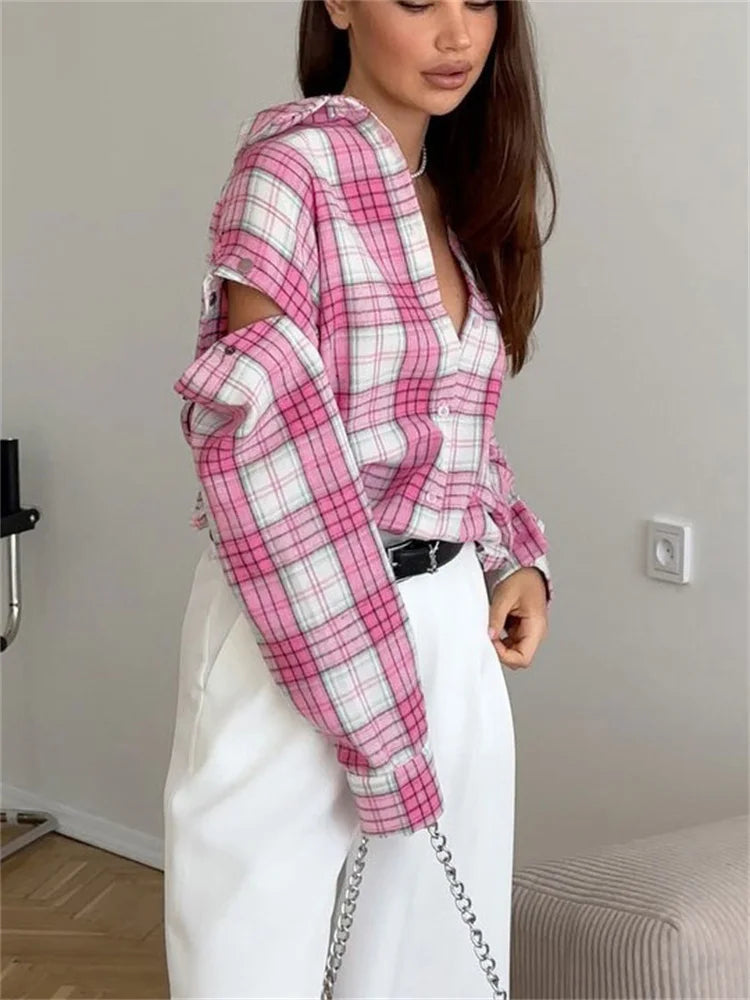 Women’s Elegant Patchwork Lapel Top, Loose Contrast Long Sleeve Pink Shirt