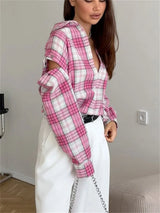 Women’s Elegant Patchwork Lapel Top, Loose Contrast Long Sleeve Pink Shirt