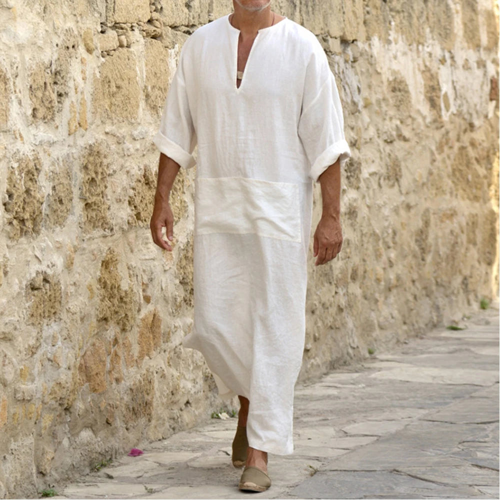 Men’s Long Cotton Linen Jubba Thobe – V-Neck Muslim Arab Islamic Kaftan