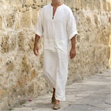 Men’s Long Cotton Linen Jubba Thobe – V-Neck Muslim Arab Islamic Kaftan