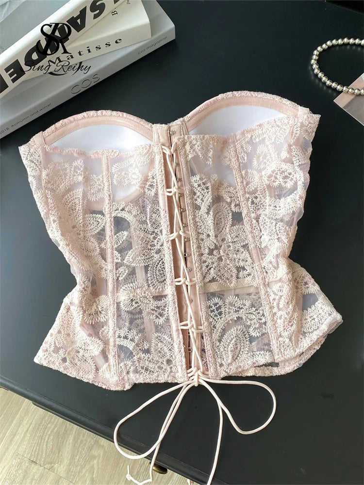 The "L'Amour" French Lace-Up Corset | Floral Embroidery Strapless Top