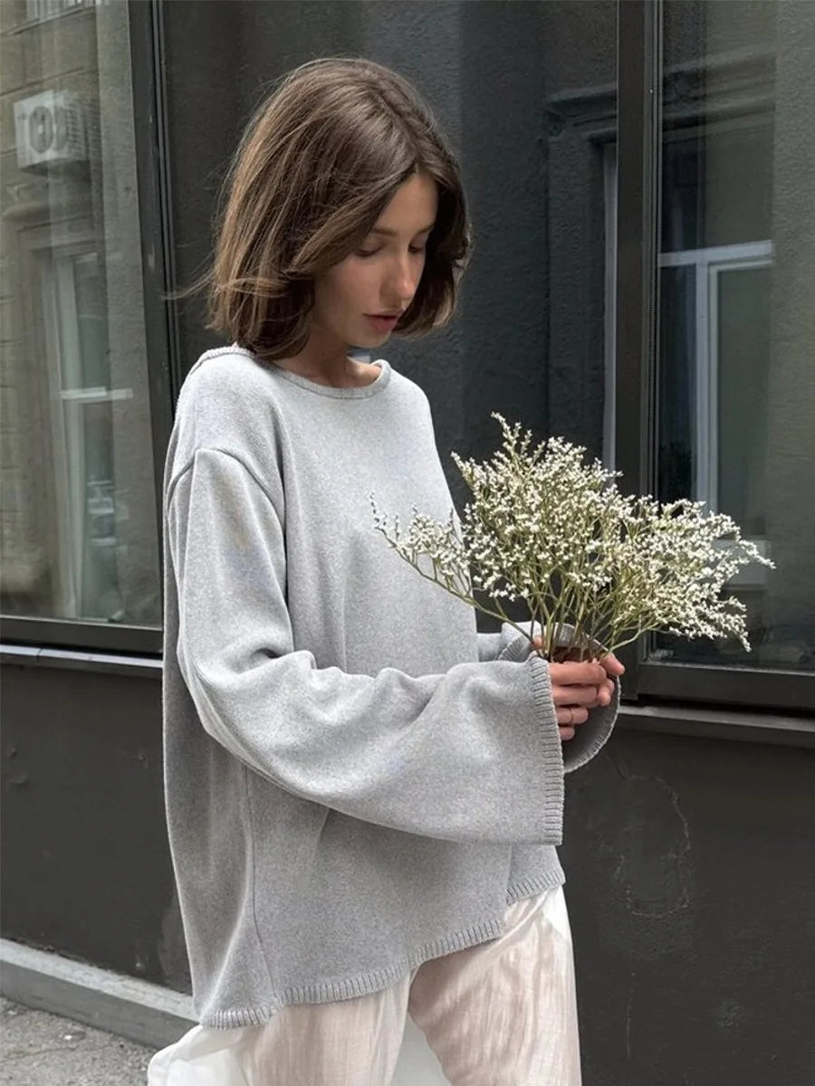 Damen rückenfreier, locker gestrickter Pullover – Lässiger, eleganter Langarm-Patchwork-Pullover