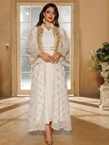 Muslimisches 2-teiliges Abaya-Set für Damen | Bestickte offene Strickjacke mit Innenkleid