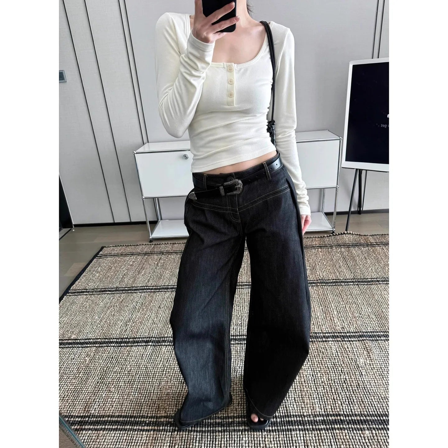 Damen Y2K Baggy Jeans | Vintage High-Waist Black Jeans