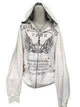 Damen Weißer Amerikanischer Retro-Kapuzenpullover mit Print – Y2K Harajuku Reißverschluss-Sweatshirt