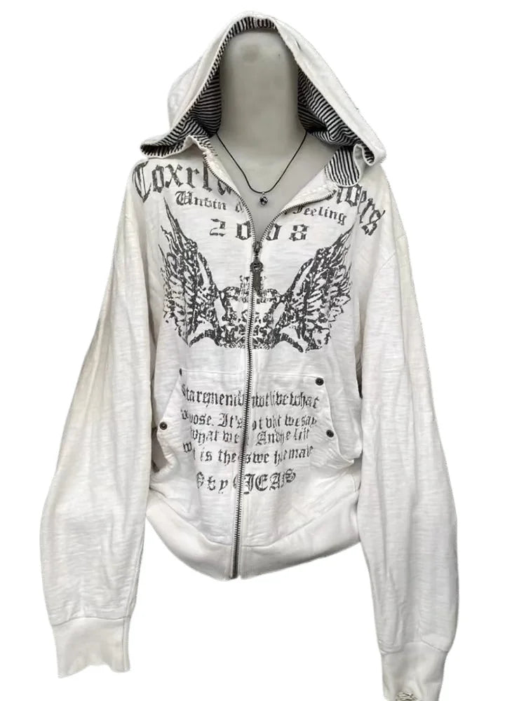 Damen Weißer Amerikanischer Retro-Kapuzenpullover mit Print – Y2K Harajuku Reißverschluss-Sweatshirt