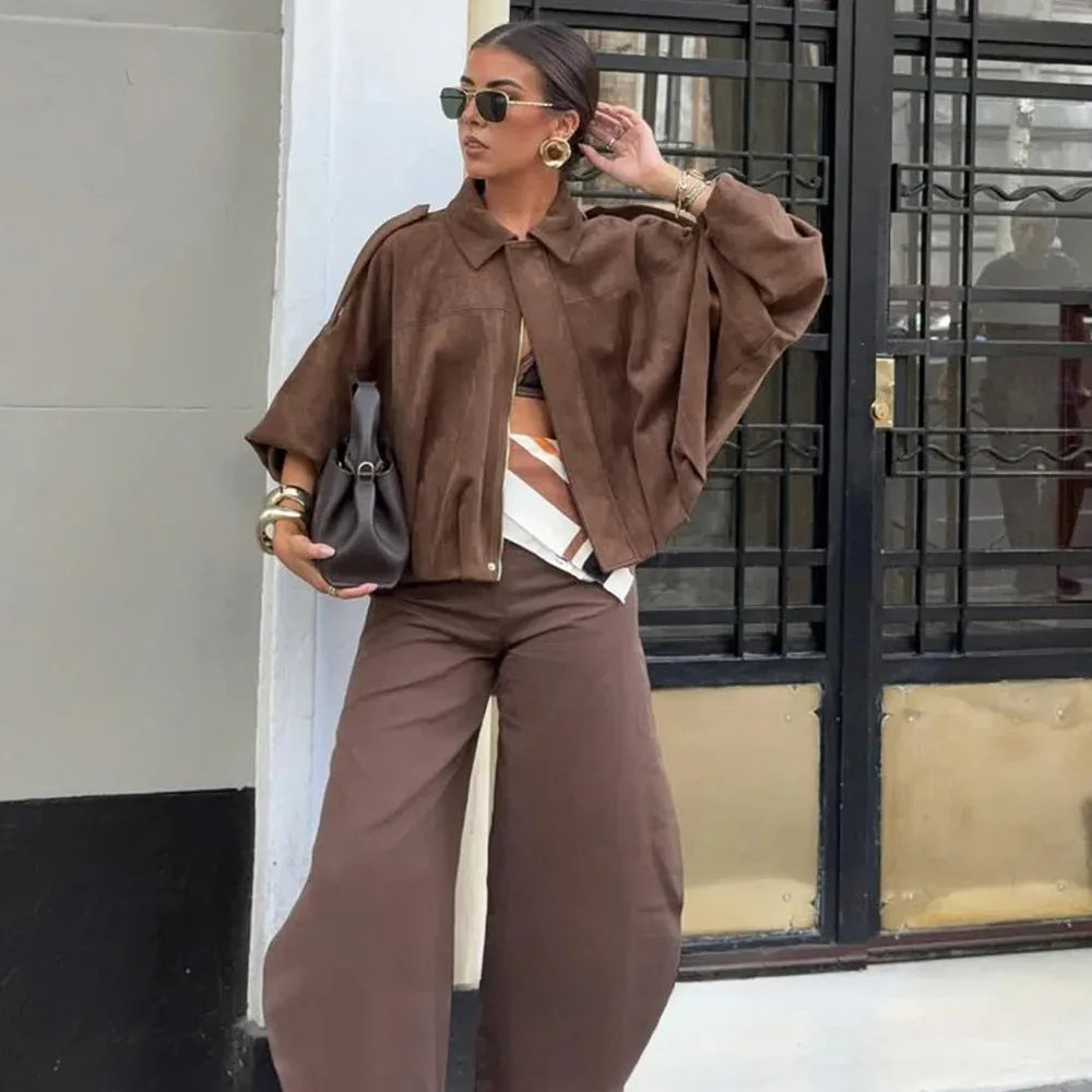 High Street Fashion Suede Bomber Coat - Lapel Long Sleeve Winter Jacket