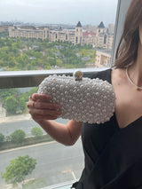The Ethereal-Glow Bridal Clutch Luxury Pearl & Crystal Beaded Handbag