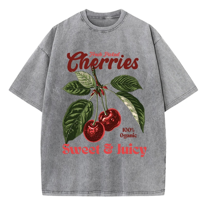 Fresh Picked Cherries gewaschenes Baumwoll-T-Shirt – Vintage-T-Shirt mit Obst-Grafik für Damen