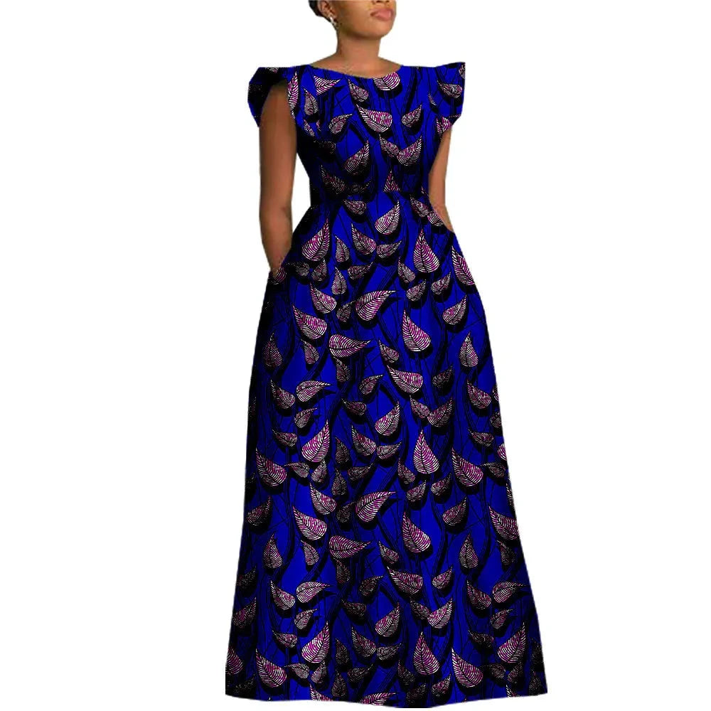 The "Heritage Queen" Floor-Length Gown: Bold Ankara Wax Cotton Dress with Short Sleeves