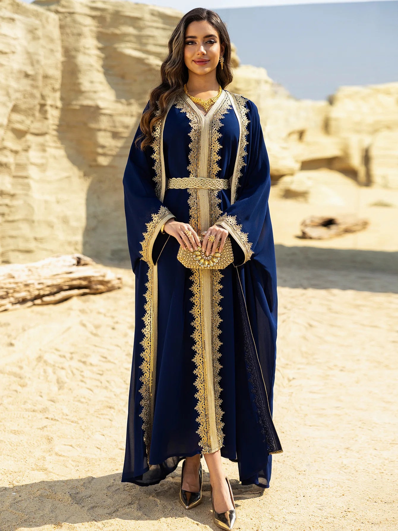 Muslim Women’s Open Cardigan with Inner Dress 2-Piece Set