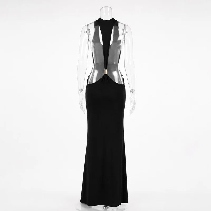 Women’s Gold Ring Halter Backless Maxi Dress