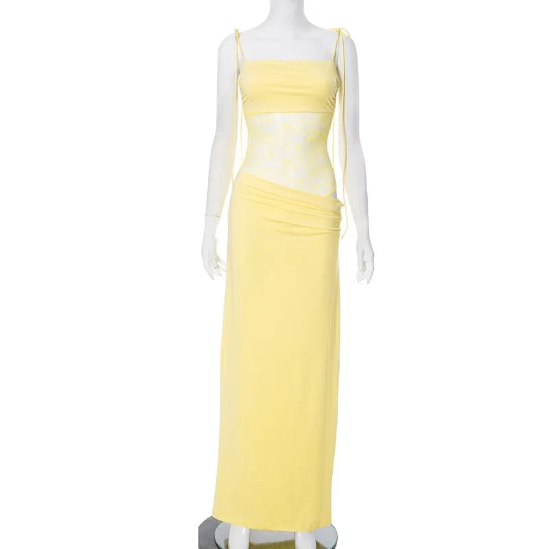 Women’s Spring Lace Long Dress – Sexy See-Through Spaghetti Strap Gown
