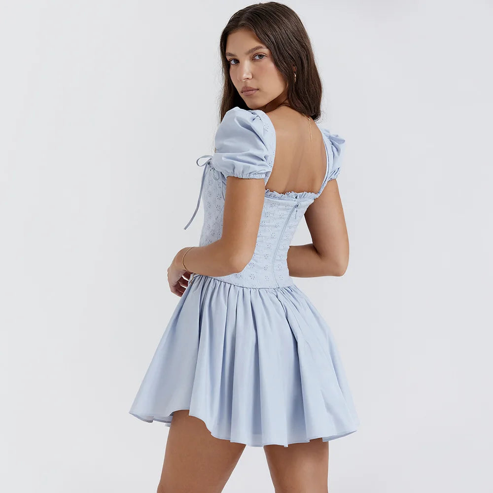The "Azure Dream" Mini: A Romantic A-Line Corset Dress Featuring a Sculpted Lace-Up and Square Neckline
