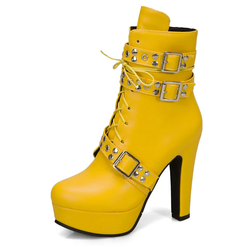 Damen Plateau Stiefeletten elegant mit seitlichem Reißverschluss – Schnür-Stiefeletten mit hohem Absatz