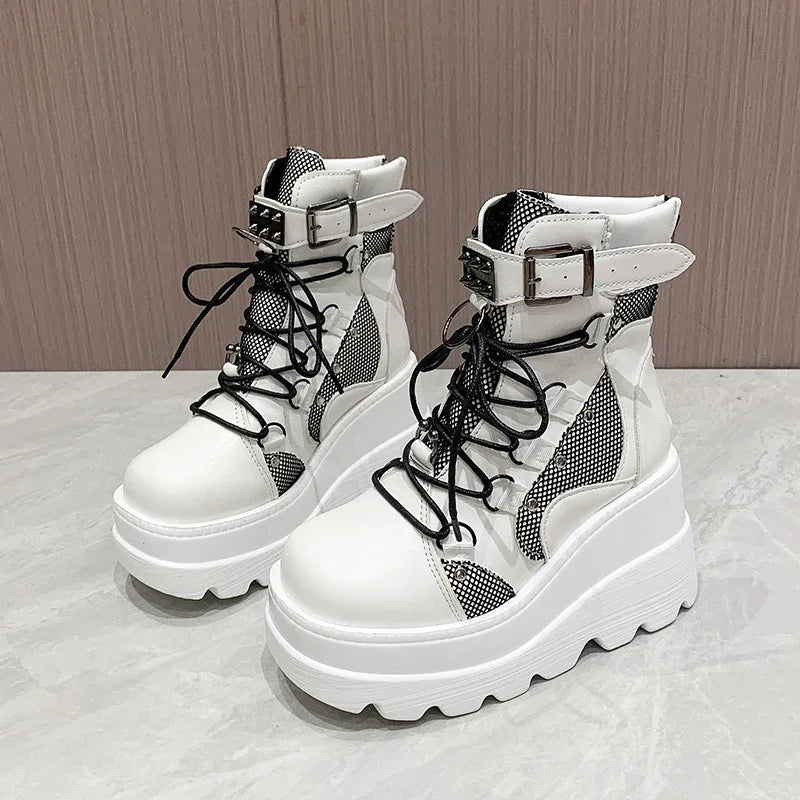 Women’s Gothic Belt Buckle Platform High Wedge Zip Punk Cosplay Ankle Boots