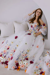 Floral Embroidery Puff Sleeve Prom Dress | Tulle Bridal & Party Gown