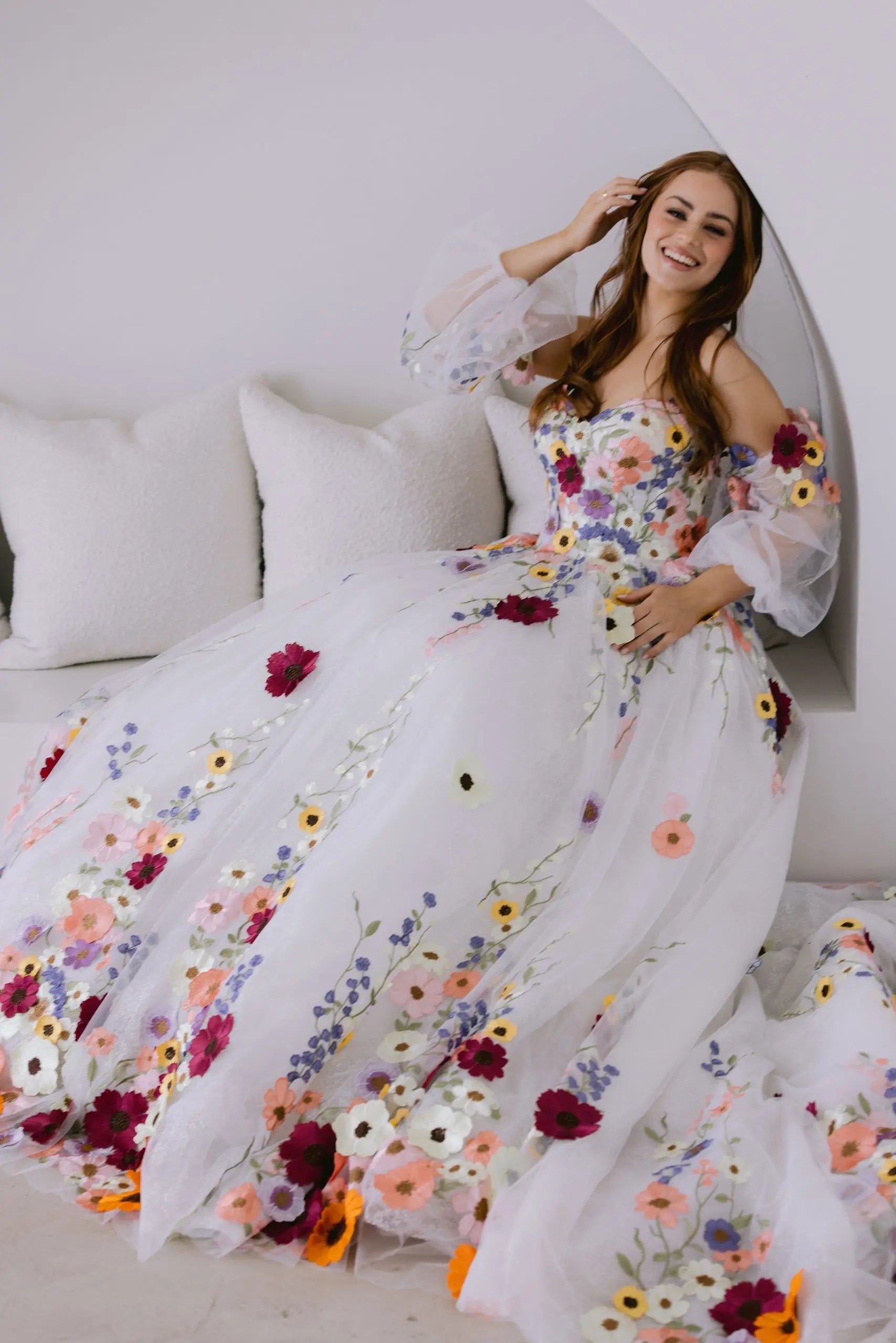 Floral Embroidery Puff Sleeve Prom Dress | Tulle Bridal & Party Gown