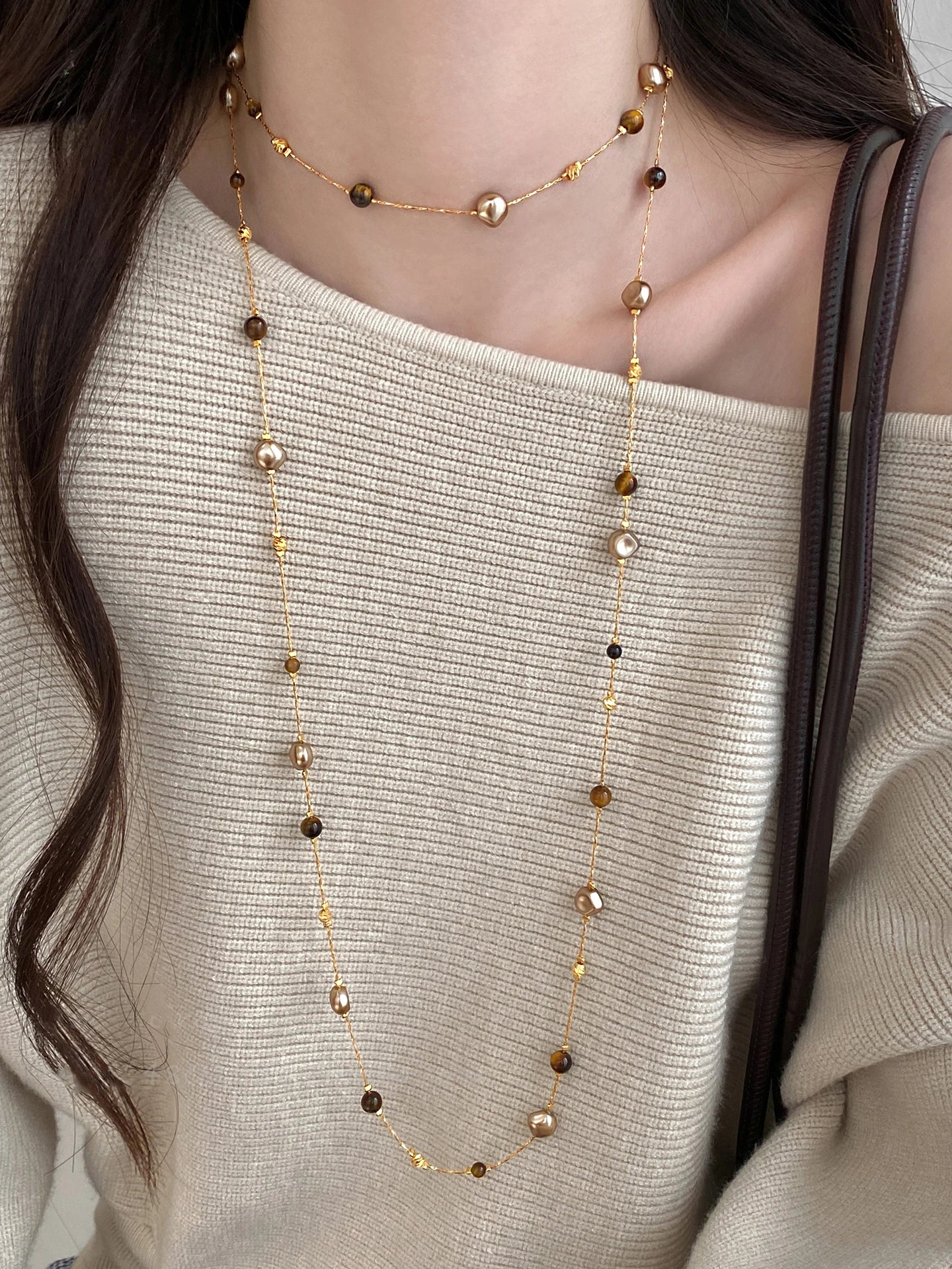 Lange Tigerauge Stein- & Perlenkette für Damen – Elegante Pulloverkette