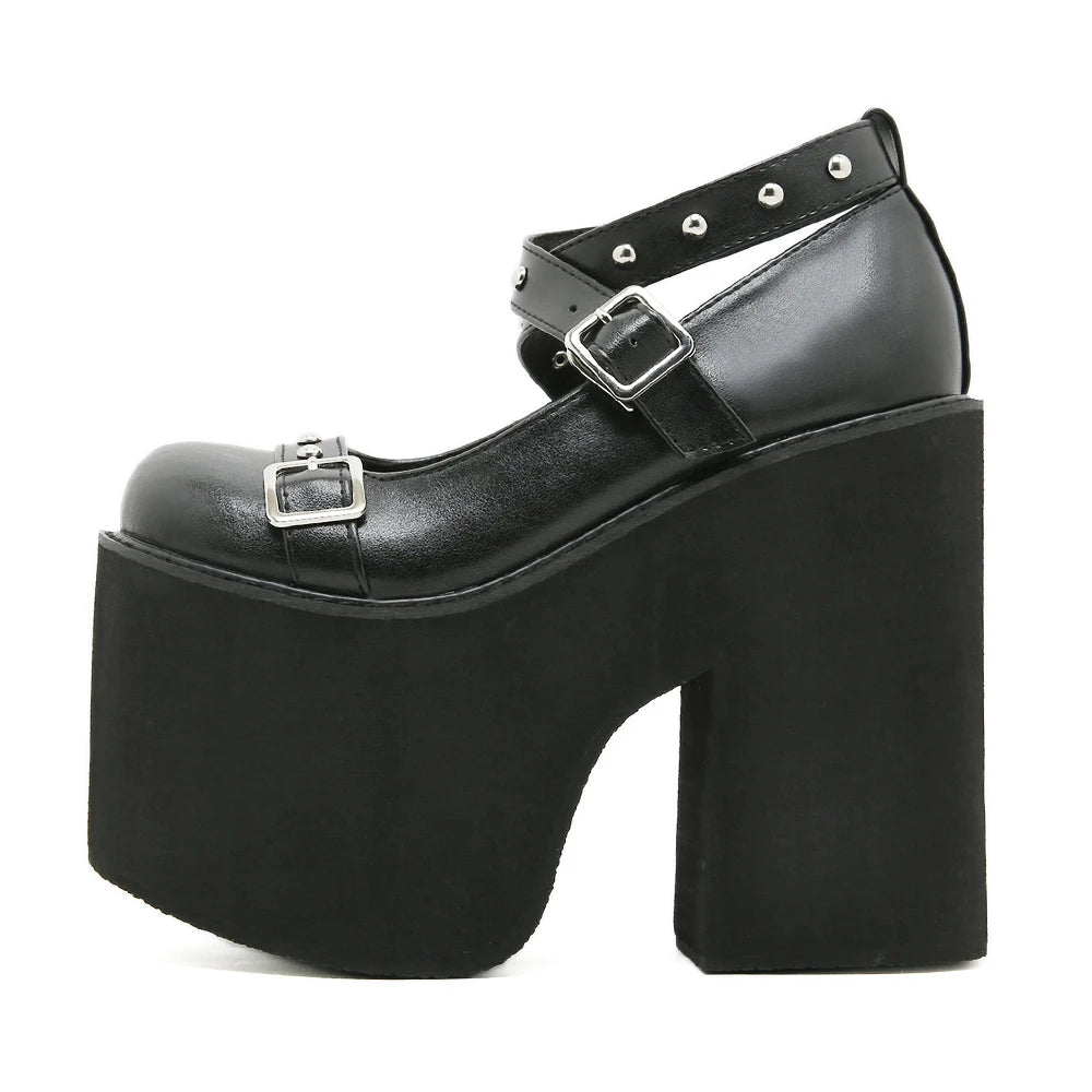 Women’s Gothic Black Rivet Buckle Platform Chunky Stiletto Pumps