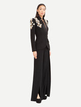 Schwarzer Designer-Anzug für Damen – Blazer mit Perlen- und Diamantbesatz am Stehkragen und weite Hose