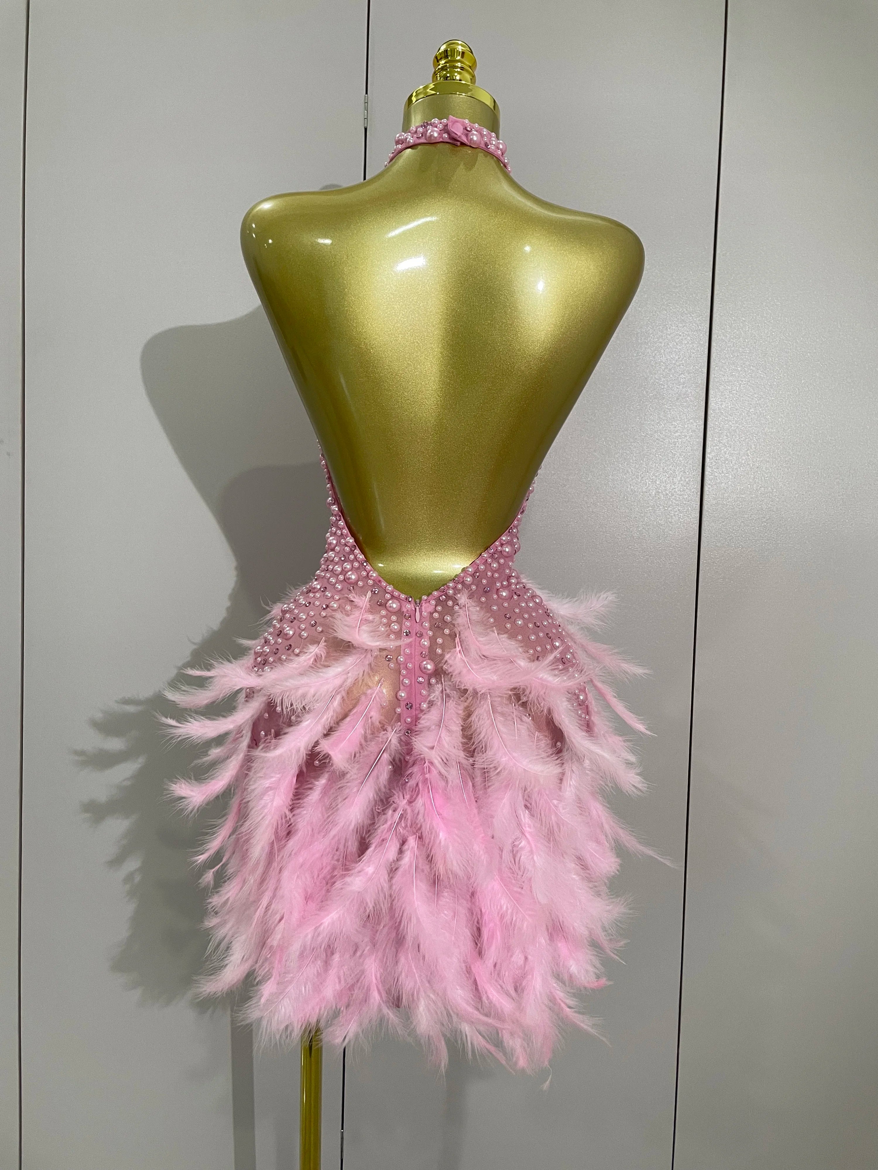 Luxury Women’s Rhinestone & Pearl Mini Dress – Sexy Feather Halter Backless Gown
