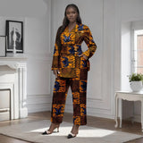 Afrikanisches zweiteiliges Set für Damen mit goldenem Knopf, Broschen-Blazer und Knöchelhose