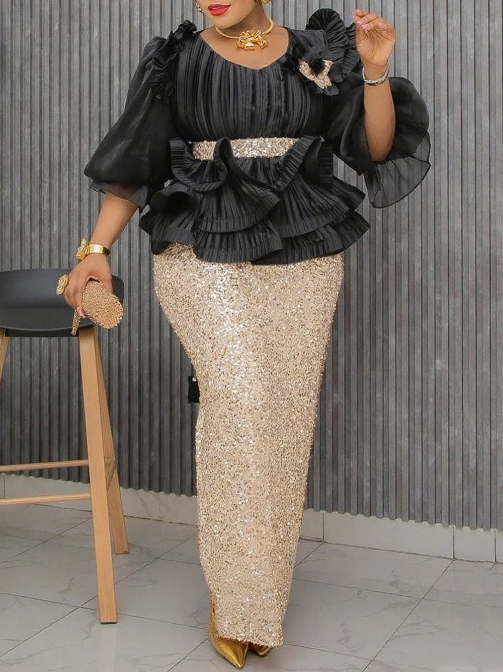 Luxuriöses afrikanisches Bodycon Maxikleid – Elegantes Abendkleid mit Puffärmeln