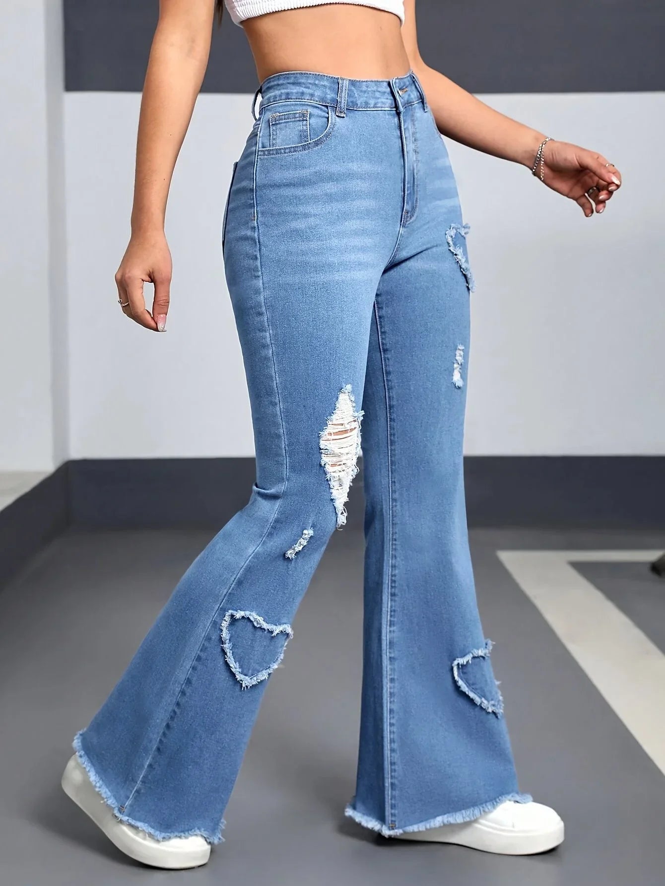 Women Y2K Blue Stretchy Heart Shaped Flared Jeans High Waist Retro Fashion