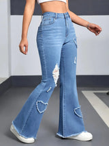 Women Y2K Blue Stretchy Heart Shaped Flared Jeans High Waist Retro Fashion