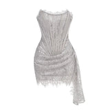 Damen sexy trägerloses Spitzen-Minikleid – Transparenz-Patchwork Abend- & Partykleid mit hoher Taille