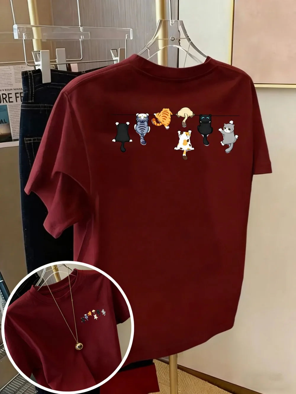 Women's Oversized Cotton Cartoon Cat Print T-Shirt