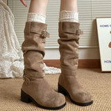 Designer Damen Western Cowboy Stiefel – Mode Plateau Dicke Ferse Lange Stiefeletten