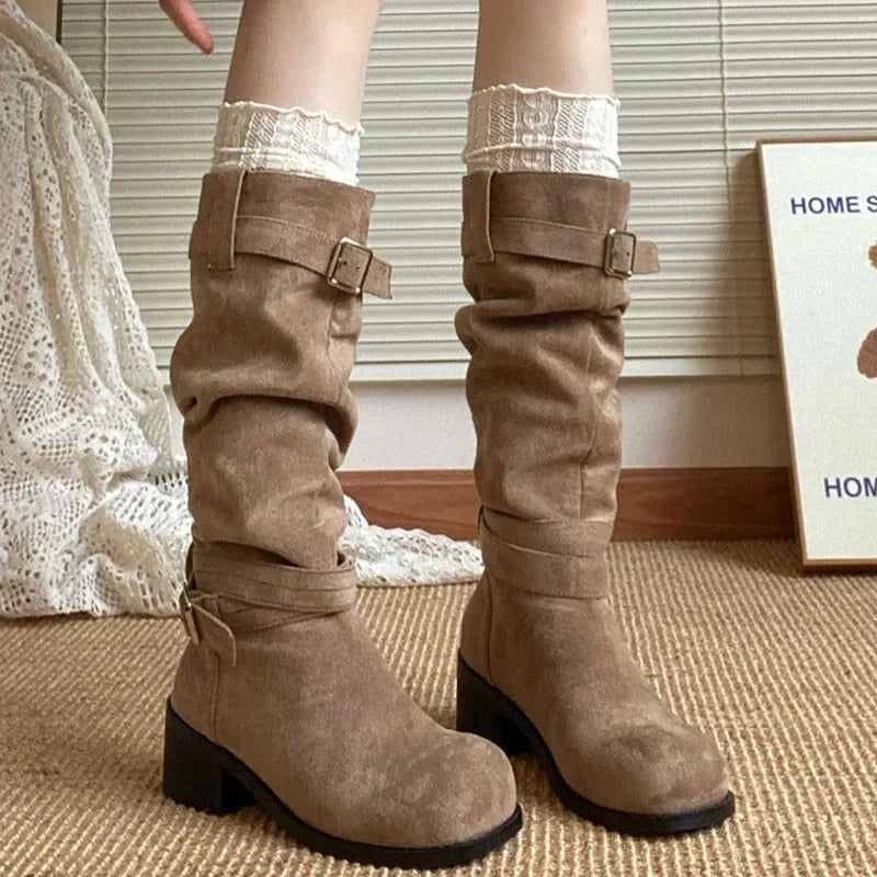 Designer Damen Western Cowboy Stiefel – Mode Plateau Dicke Ferse Lange Stiefeletten