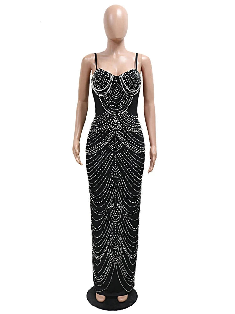 Luxury Brown Rhinestone & Pearl Evening Gown – Sparkly Crystal Celebrities Party Dress