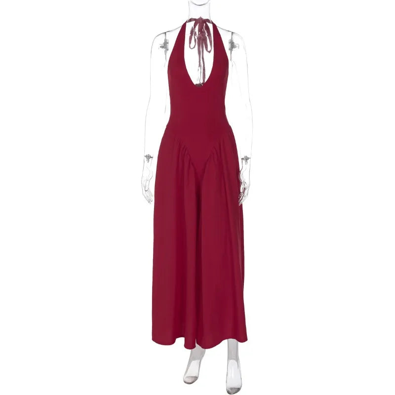 Women’s Sexy Backless Deep V-Neck Maxi Dress – Spliced Halter Sleeveless Dress