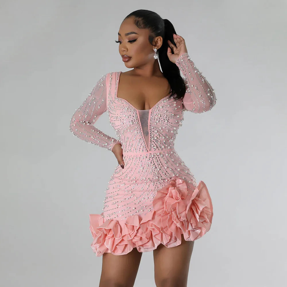 Sexy Langarm Rüschen Minikleid – Glitzerndes Hot-Drilling- & Perlenbesetztes Geburtstagskleid