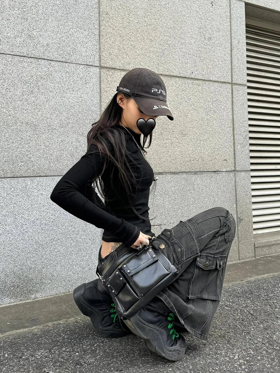 Black Low-Waist Cargo Jeans for Women | 2000s Distressed Whiskers Bootcut Pants